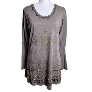 DG2 Diane Gilman Women's Top Tunic‎ Taupe Long Sleeve Size L Gold Embellishments